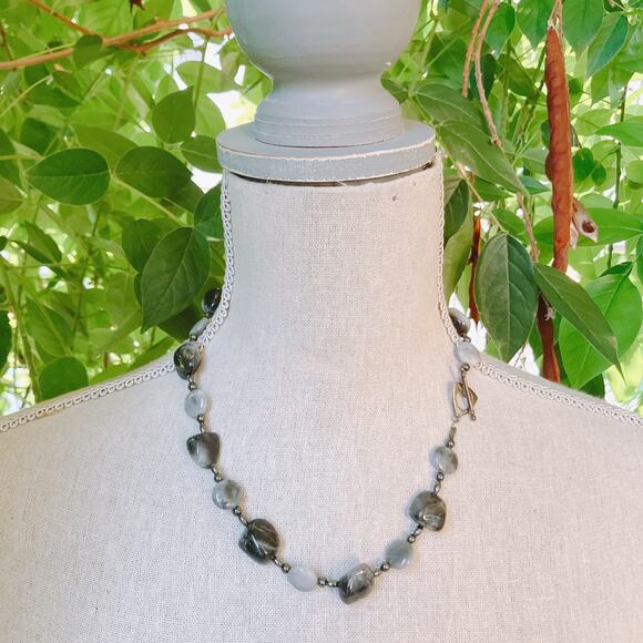 VTG Agate Hematite Necklace Y2K Polished Stone Chunky Beaded Toggle Clasp - Picture 2 of 10